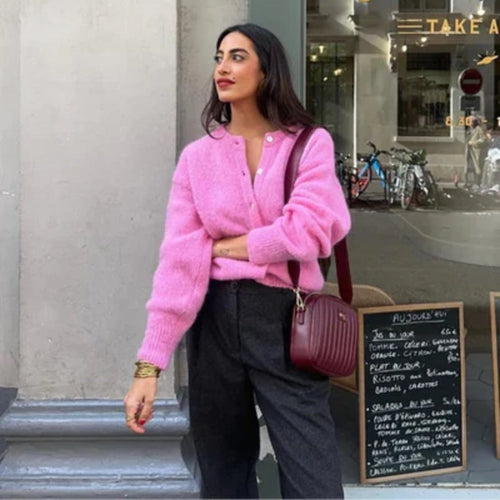 Drune | Damen Rosa Cardigan mit Rundhals und Knopfverschluss