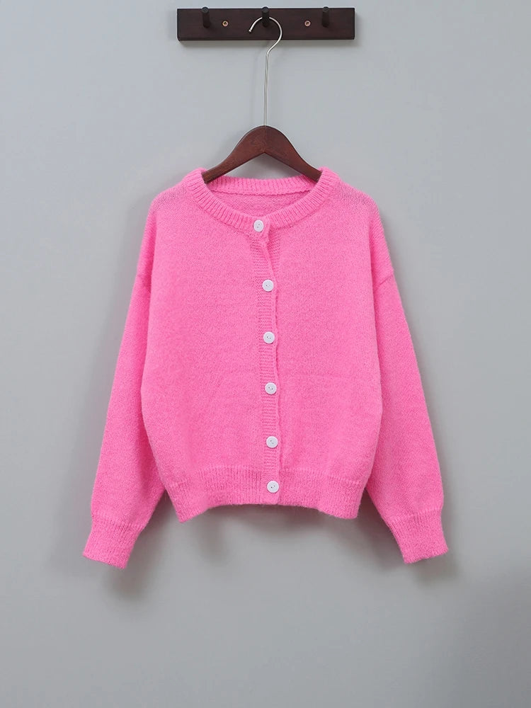 Drune | Damen Rosa Cardigan mit Rundhals und Knopfverschluss