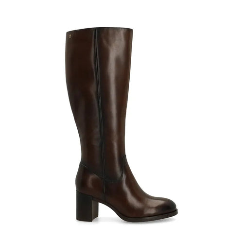 Drune | Elegante dunkelbraune kniehohe Stiefel für Frauen – Echtes Leder mit Blockabsatz für ganztäglichen Komfort