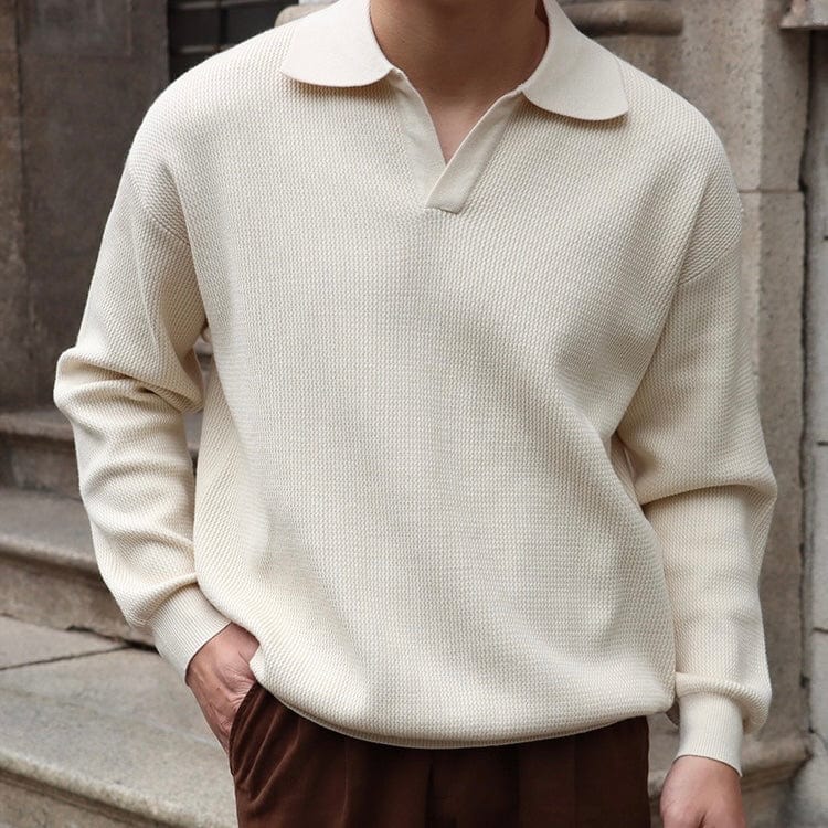 Drune | Strickpullover Polo Kragen V-Ausschnitt Langarm Bequeme Passform