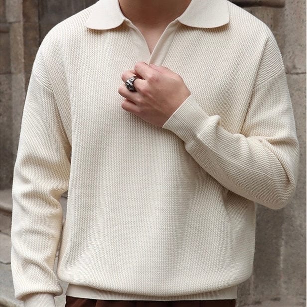 Drune | Strickpullover Polo Kragen V-Ausschnitt Langarm Bequeme Passform