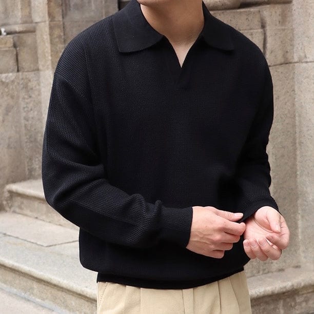 Drune | Strickpullover Polo Kragen V-Ausschnitt Langarm Bequeme Passform