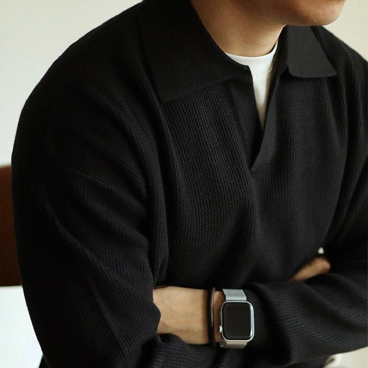 Drune | Strickpullover Polo Kragen V-Ausschnitt Langarm Bequeme Passform