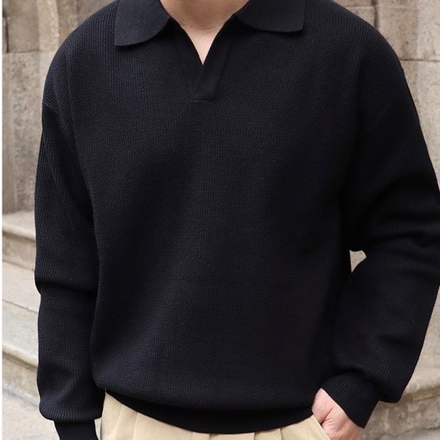 Drune | Strickpullover Polo Kragen V-Ausschnitt Langarm Bequeme Passform