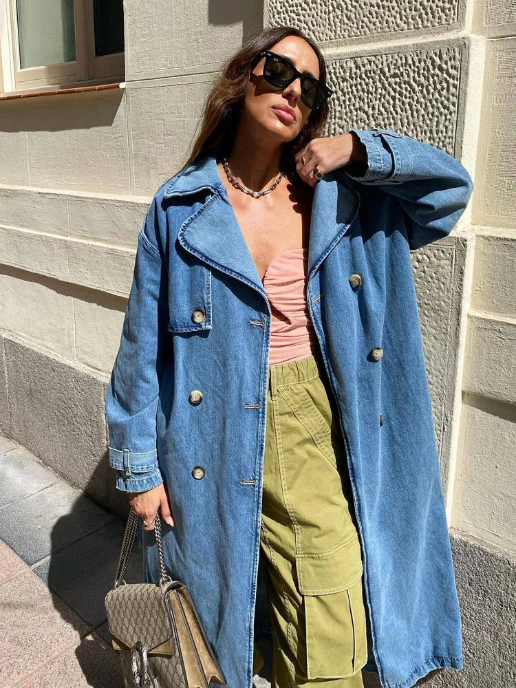 Drune | Langer Trenchcoat für Damen mit Gürtel Blau