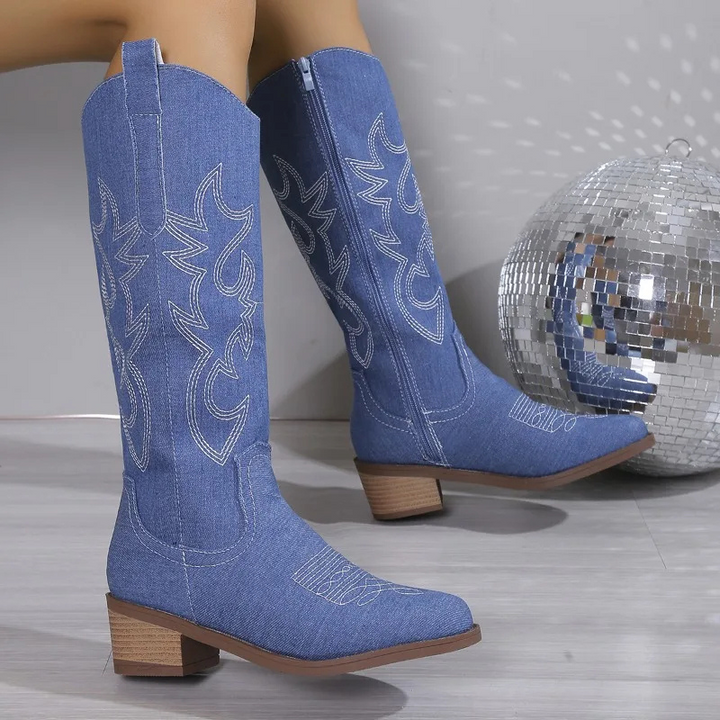 Drune | Denim Cowboy-Stiefel für Frauen mit Blockabsatz und Western-Stickerei – Stilvolles Freizeit-Fußwerk