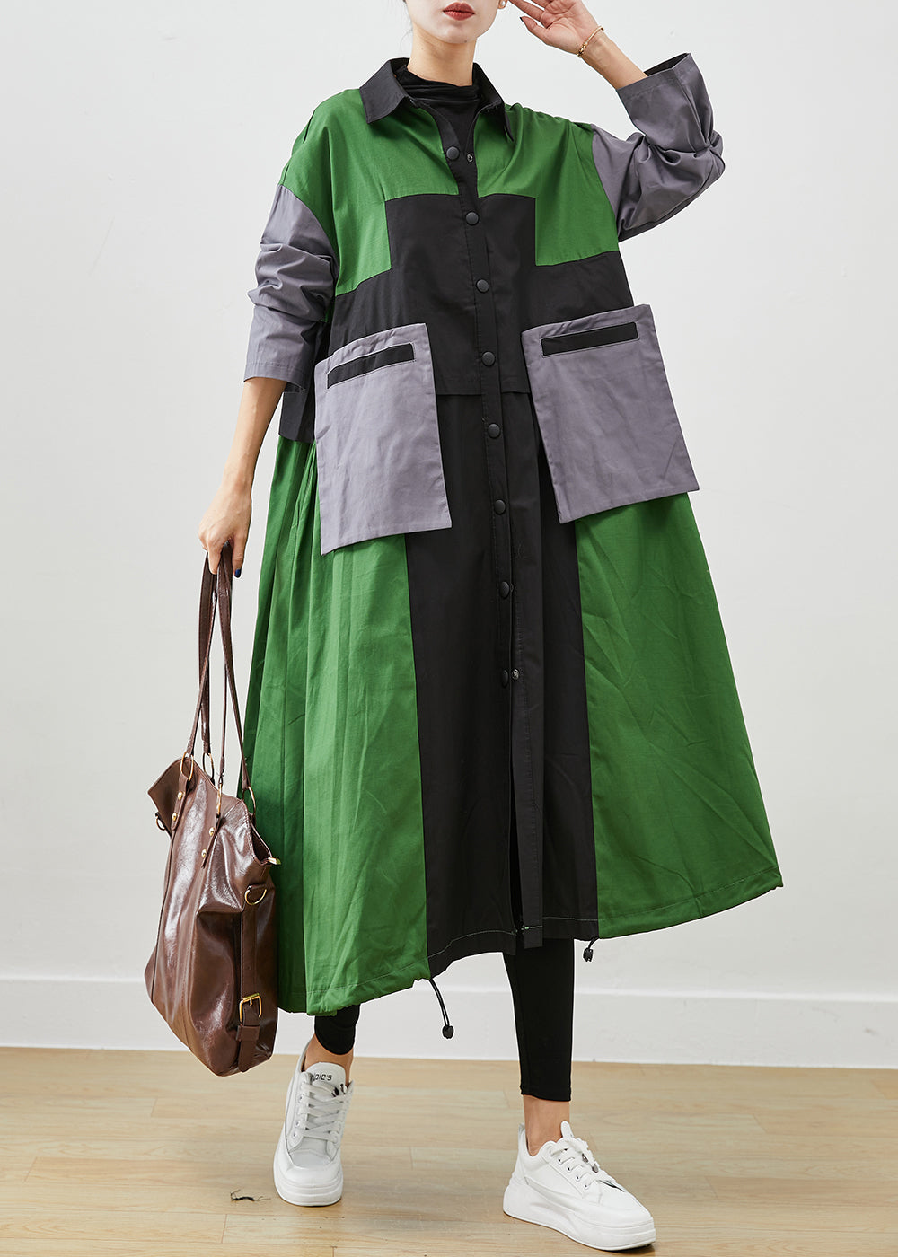 Drune | Grüne Übergröße Patchwork Taschen Baumwolle Mäntel