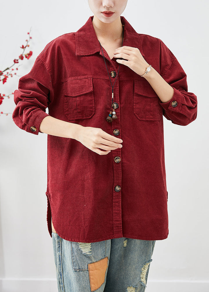 Drune | Rote Cord-Shirt Mäntel Übergröße Knopfverschluss