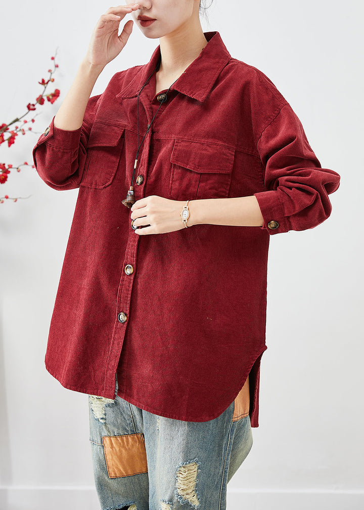 Drune | Rote Cord-Shirt Mäntel Übergröße Knopfverschluss
