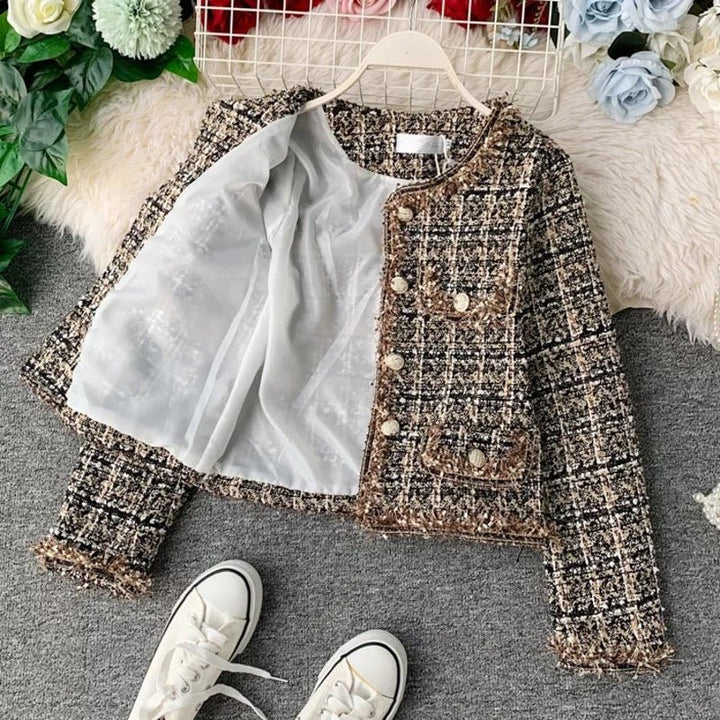 Drune | Tweed-Jacke - Goldenen Knopf Akzente - Klassische Eleganz - Anspruchsvolles Schichten