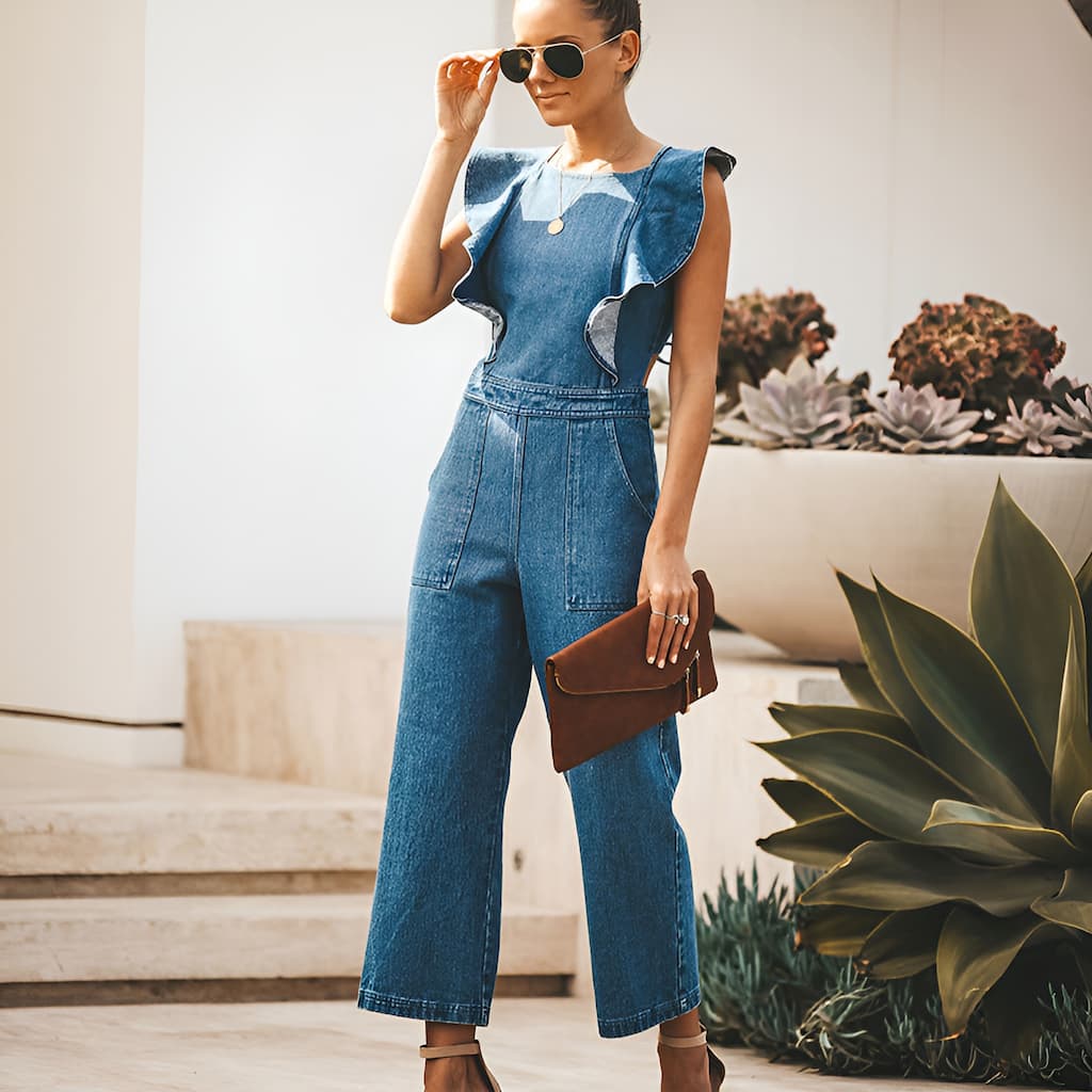 Drune | Denim Jumpsuit mit Rüschen