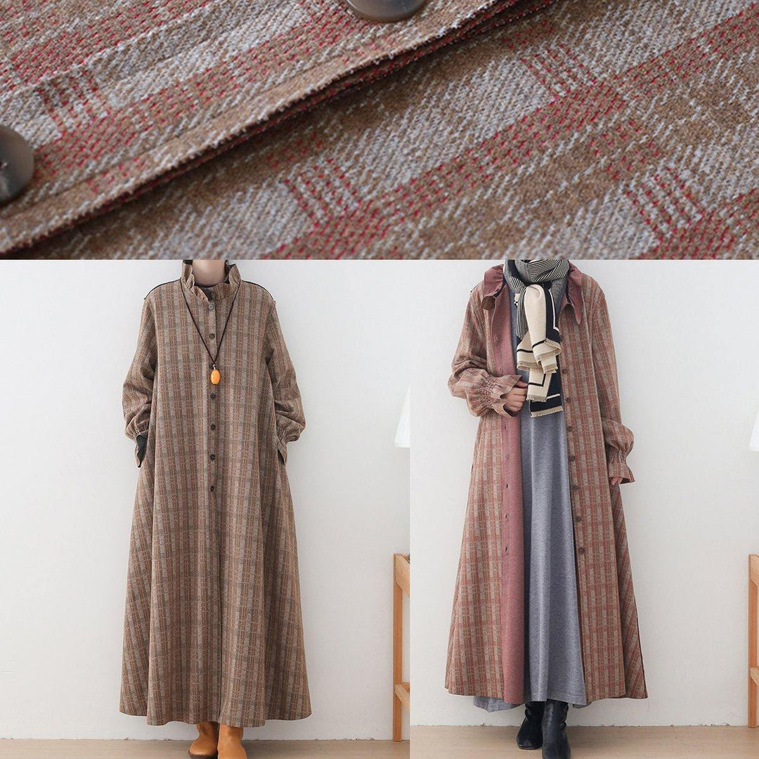Drune | lässige mittellange Jacken Jacke rosa kariert Stehkragen Knopf unten Wollmantel
