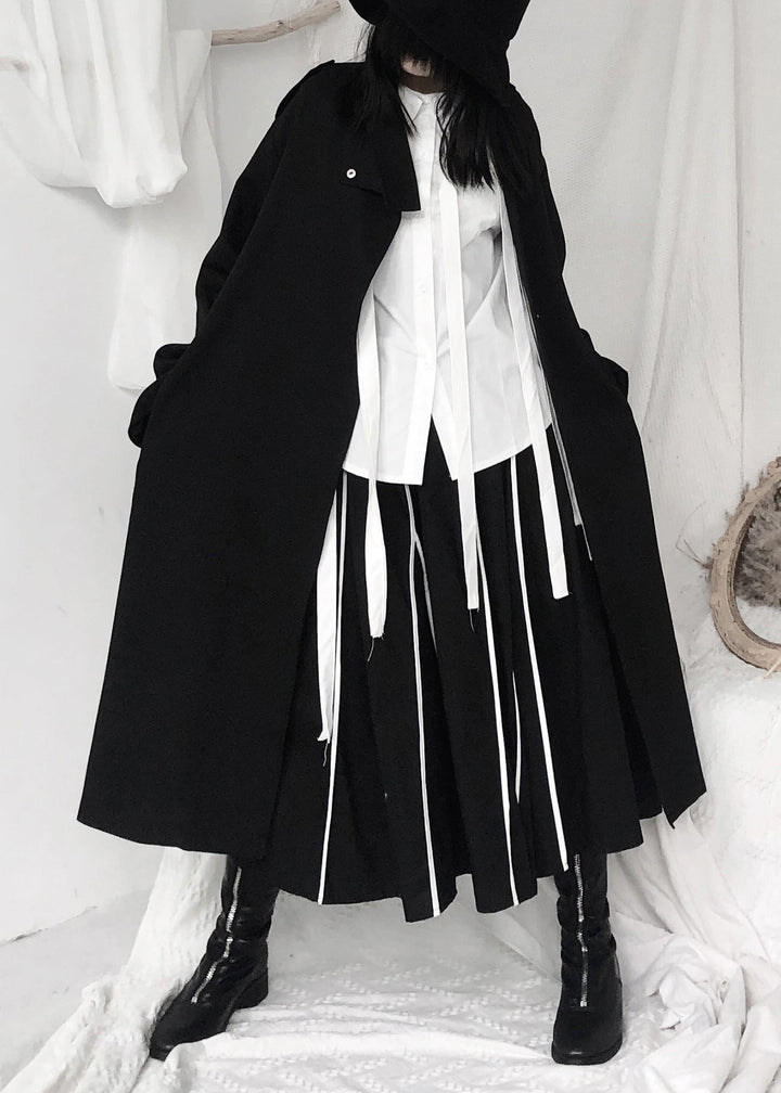 Drune | Schwarze Stehkragen Taillenbindung Knopf Trenchcoats Langarm