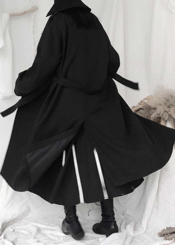 Drune | Schwarze Stehkragen Taillenbindung Knopf Trenchcoats Langarm