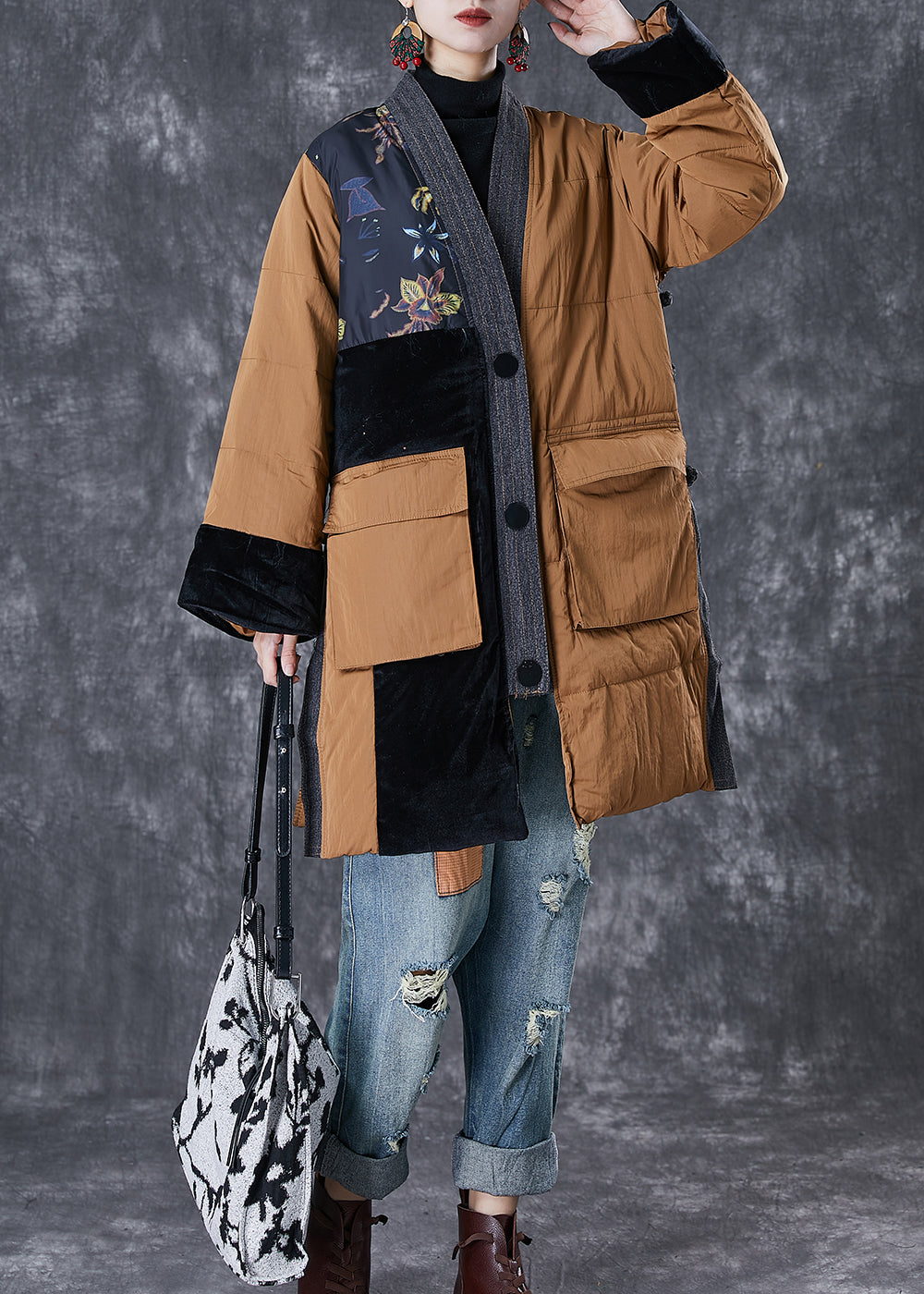 Drune | Kaffee V-Ausschnitt Patchwork Taschen Feine Baumwollgefüllte Jacken Winter