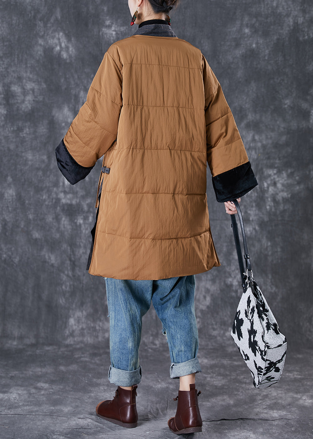 Drune | Kaffee V-Ausschnitt Patchwork Taschen Feine Baumwollgefüllte Jacken Winter