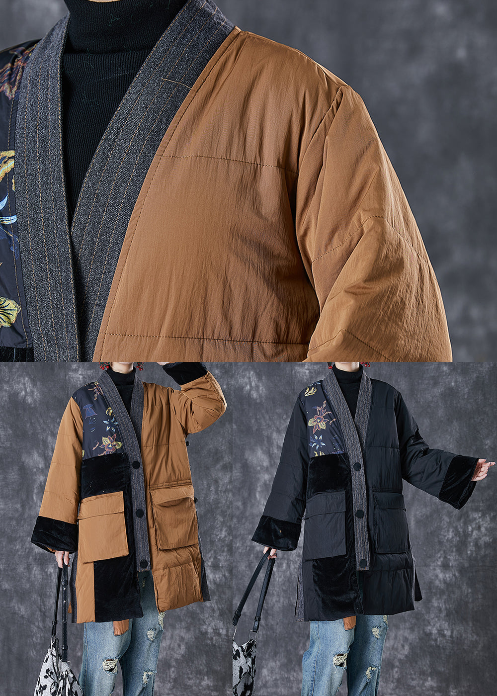 Drune | Kaffee V-Ausschnitt Patchwork Taschen Feine Baumwollgefüllte Jacken Winter