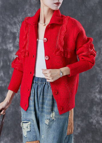 Drune | Rote Peter Pan Kragen Spitze Patchwork Strickmäntel Winter