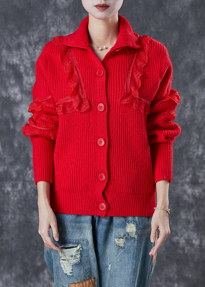 Drune | Rote Peter Pan Kragen Spitze Patchwork Strickmäntel Winter