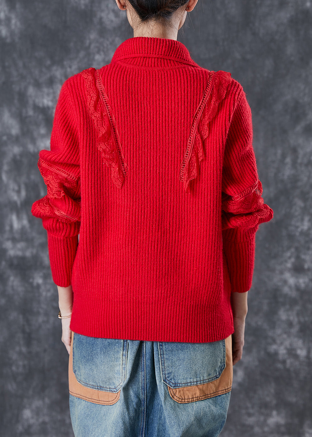 Drune | Rote Peter Pan Kragen Spitze Patchwork Strickmäntel Winter