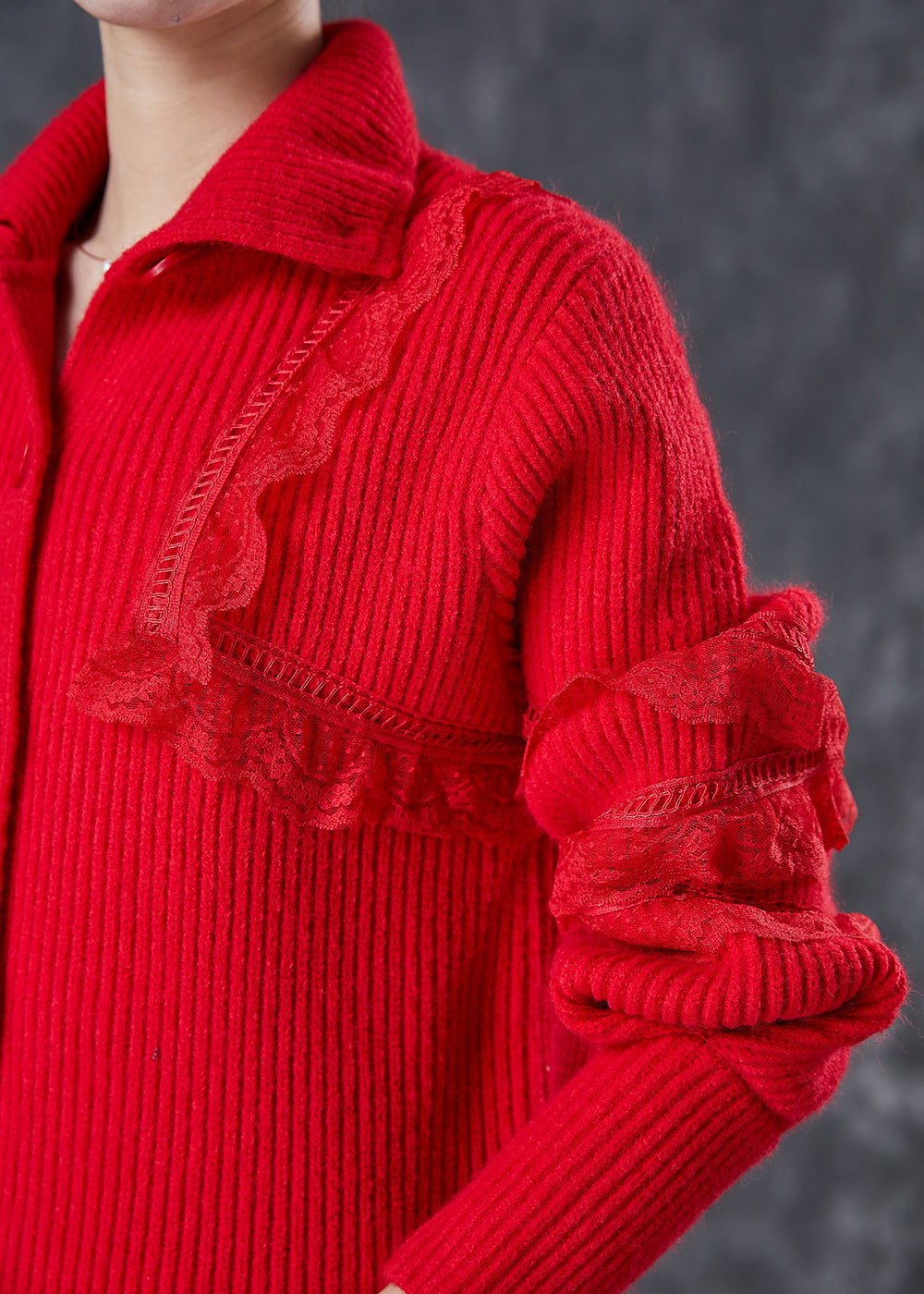 Drune | Rote Peter Pan Kragen Spitze Patchwork Strickmäntel Winter