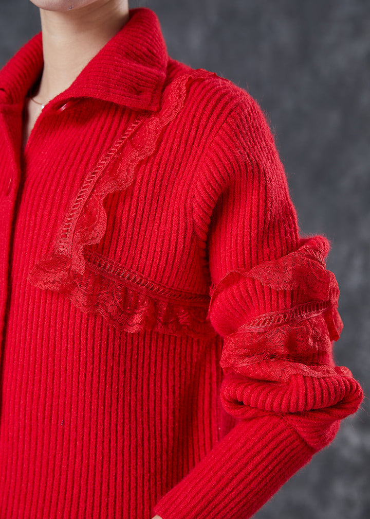 Drune | Rote Peter Pan Kragen Spitze Patchwork Strickmäntel Winter