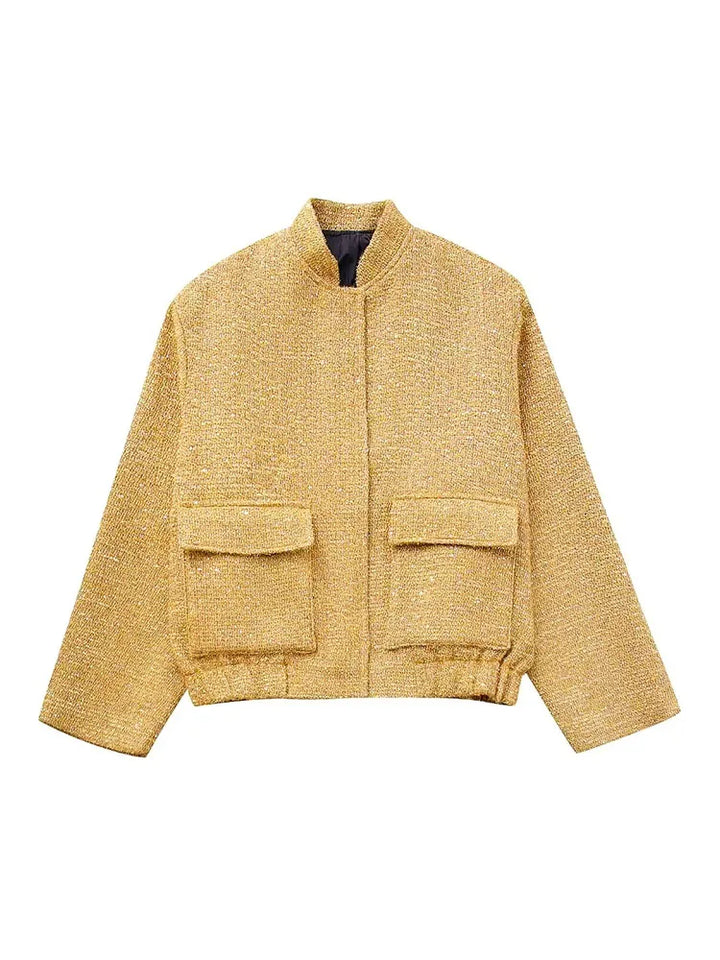 Drune - Damen Locker geschnittene Pailletten Gold Bomberjacke mit Stehkragen