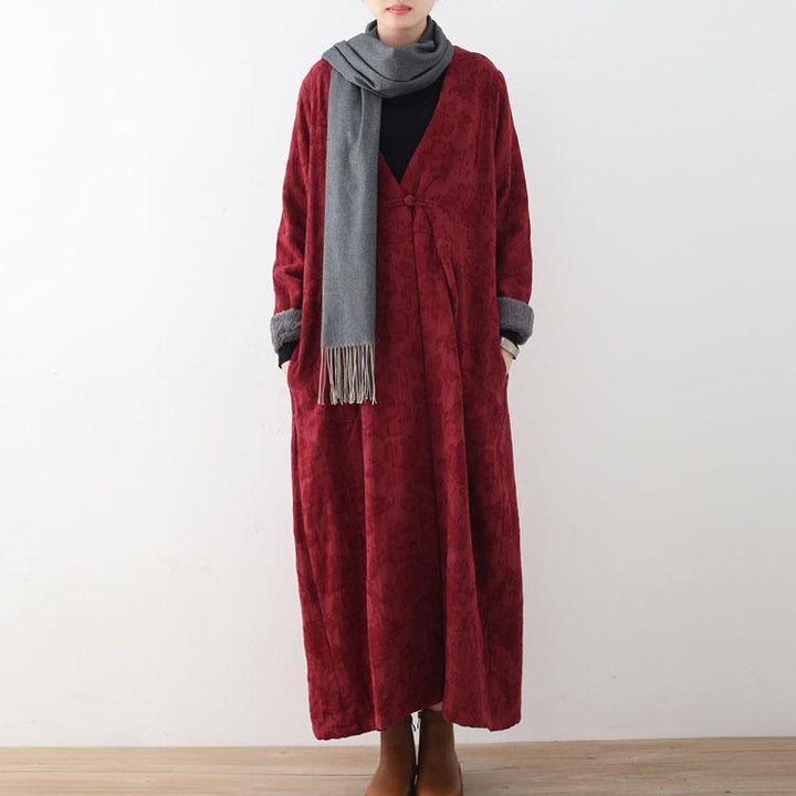 Drune | bordeaux Baumwolljacken lässiger Maxi-Mantel Vintage Trenchcoat dick