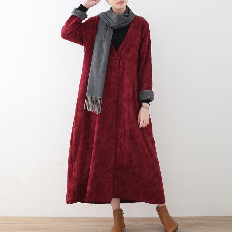 Drune | bordeaux Baumwolljacken lässiger Maxi-Mantel Vintage Trenchcoat dick