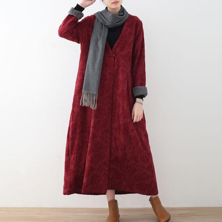 Drune | bordeaux Baumwolljacken lässiger Maxi-Mantel Vintage Trenchcoat dick