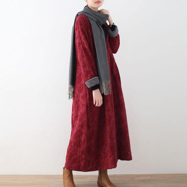 Drune | bordeaux Baumwolljacken lässiger Maxi-Mantel Vintage Trenchcoat dick