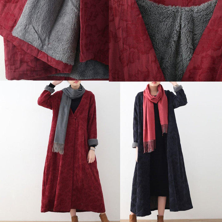 Drune | bordeaux Baumwolljacken lässiger Maxi-Mantel Vintage Trenchcoat dick
