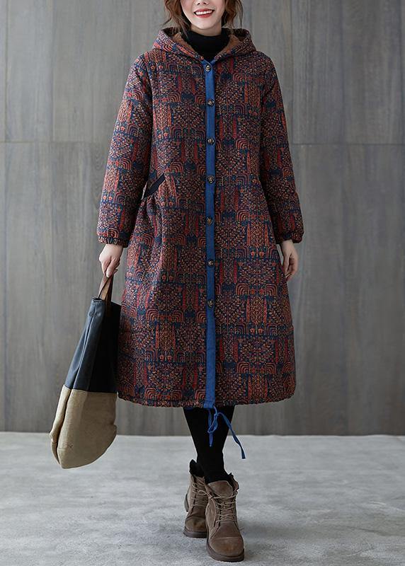 Drune | burgundy print Überjacke große Größe warme Kapuzenjacke mit Kordelzug Wintermäntel