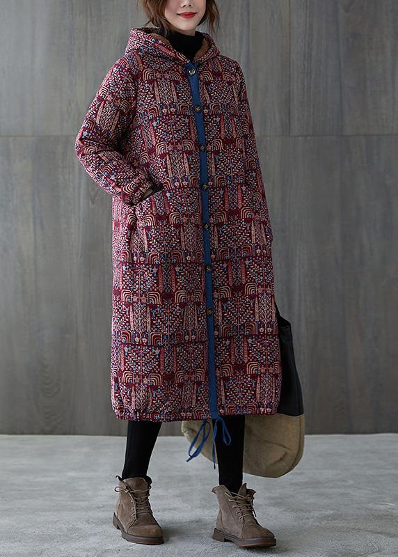 Drune | burgundy print Überjacke große Größe warme Kapuzenjacke mit Kordelzug Wintermäntel