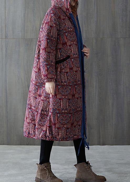 Drune | burgundy print Überjacke große Größe warme Kapuzenjacke mit Kordelzug Wintermäntel