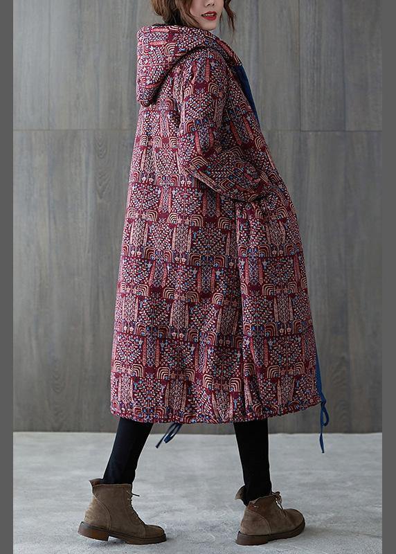 Drune | burgundy print Überjacke große Größe warme Kapuzenjacke mit Kordelzug Wintermäntel