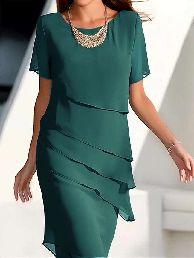 Drune - Elegantes Kleid - Kurzärmeliges Midikleid aus geschichtetem Chiffon