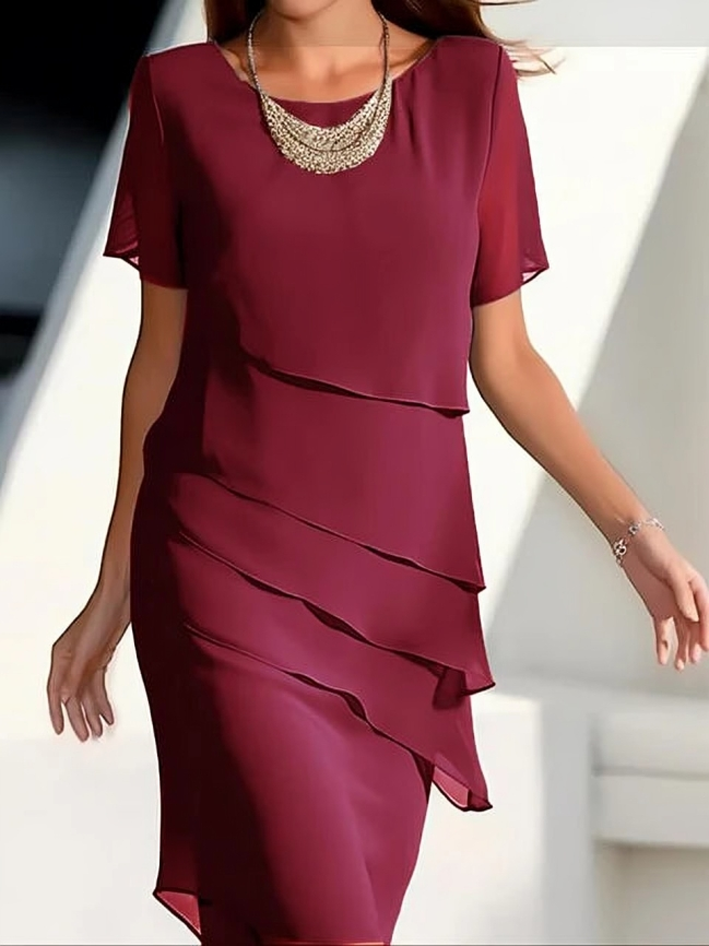 Drune - Elegantes Kleid - Kurzärmeliges Midikleid aus geschichtetem Chiffon