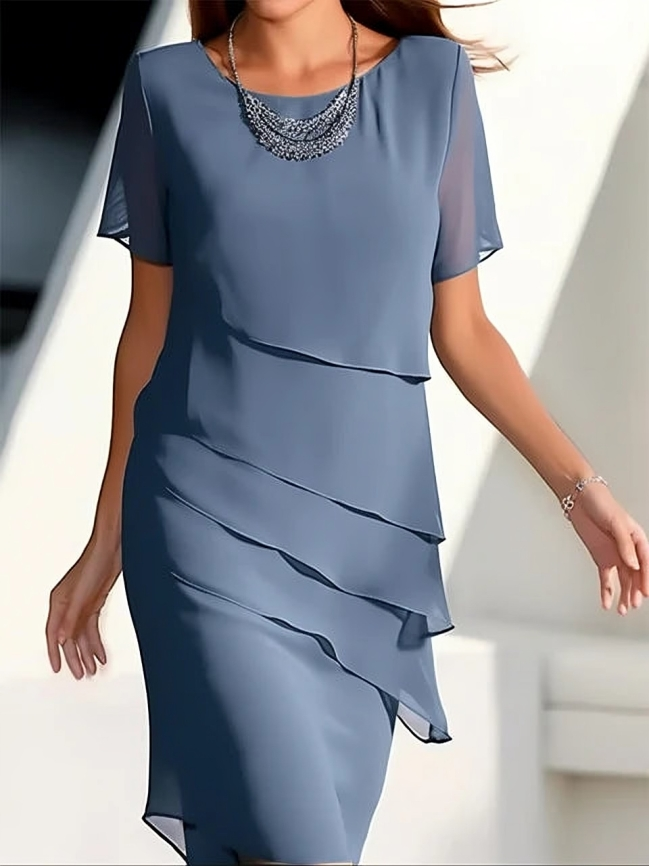 Drune - Elegantes Kleid - Kurzärmeliges Midikleid aus geschichtetem Chiffon