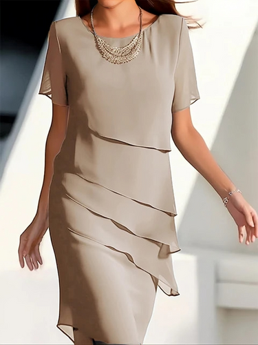 Drune - Elegantes Kleid - Kurzärmeliges Midikleid aus geschichtetem Chiffon