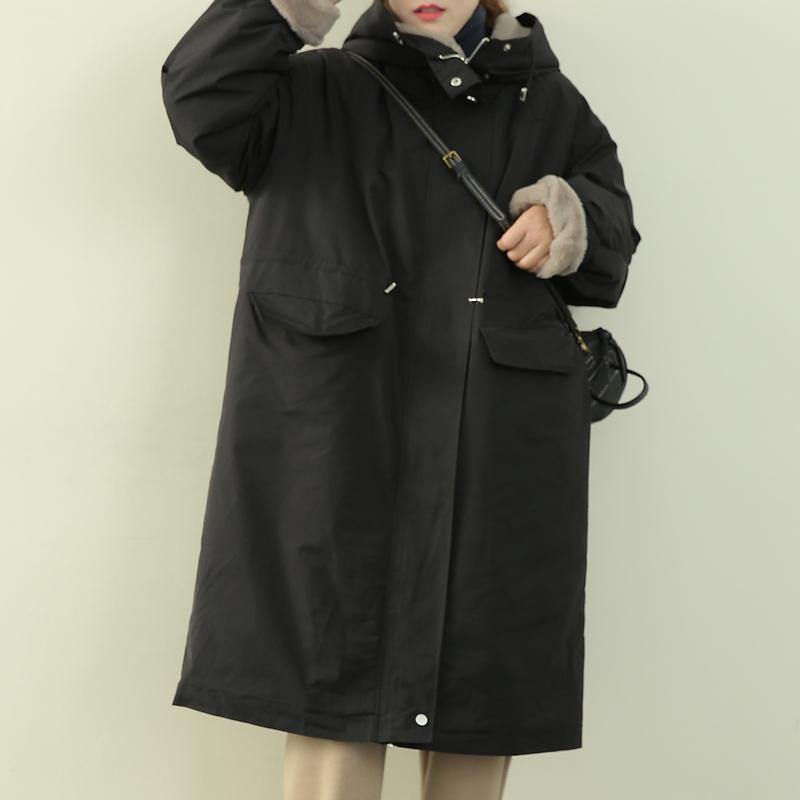 Drune | Plus-Size-Bekleidung Wintermäntel schwarze Kapuzen-Reißverschluss-Parkas für Frauen