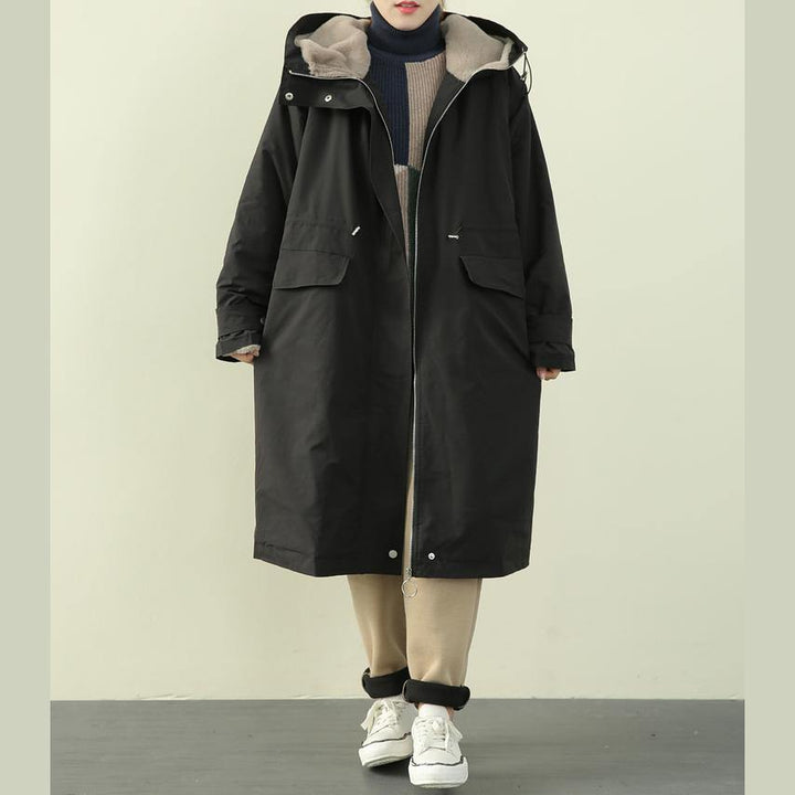 Drune | Plus-Size-Bekleidung Wintermäntel schwarze Kapuzen-Reißverschluss-Parkas für Frauen