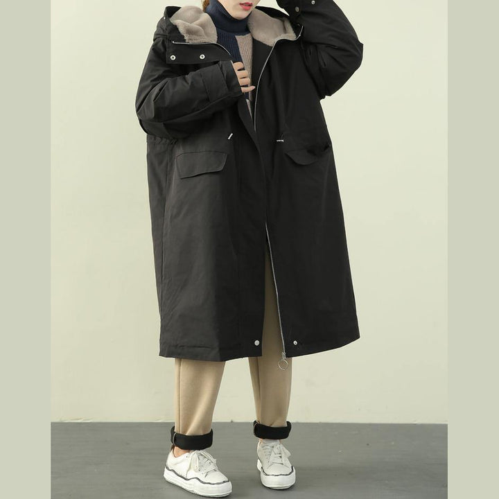 Drune | Plus-Size-Bekleidung Wintermäntel schwarze Kapuzen-Reißverschluss-Parkas für Frauen