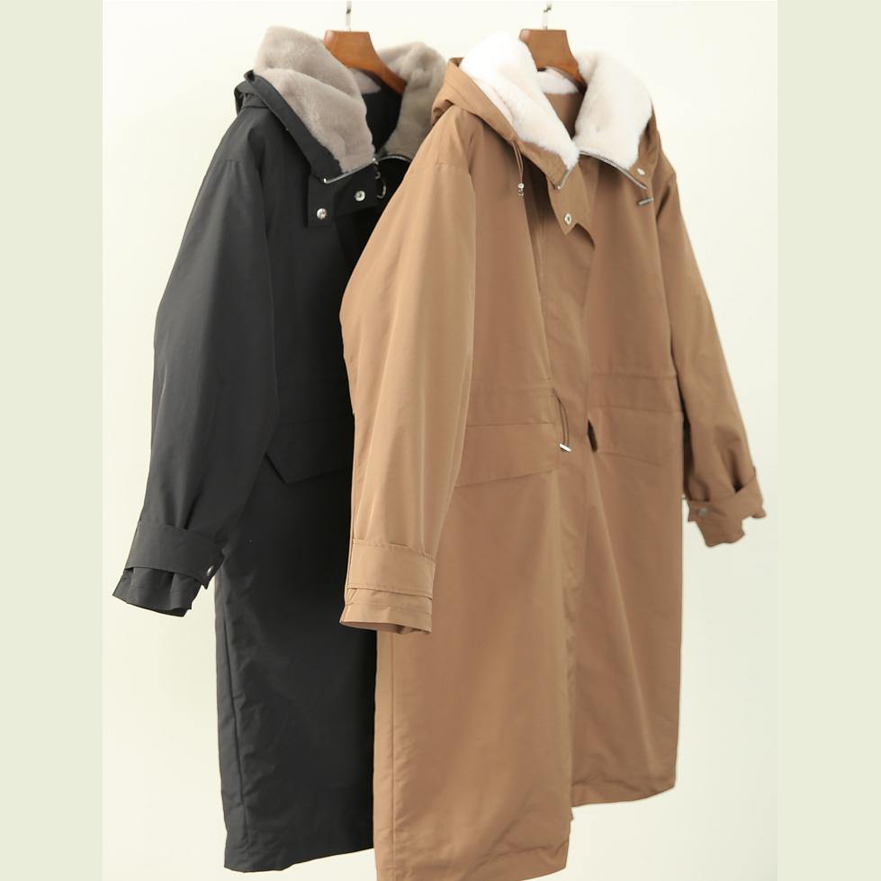 Drune | Plus-Size-Bekleidung Wintermäntel schwarze Kapuzen-Reißverschluss-Parkas für Frauen