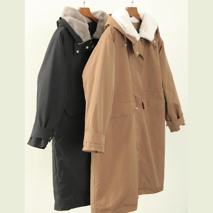 Drune | Plus-Size-Bekleidung Wintermäntel schwarze Kapuzen-Reißverschluss-Parkas für Frauen