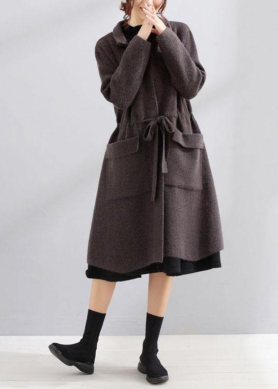 Drune | Plus-Size-Maxi-Mantel dunkelgrau Quadratischer Kragen Bindegürtel Jacken