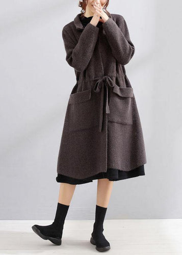 Drune | Plus-Size-Maxi-Mantel dunkelgrau Quadratischer Kragen Bindegürtel Jacken