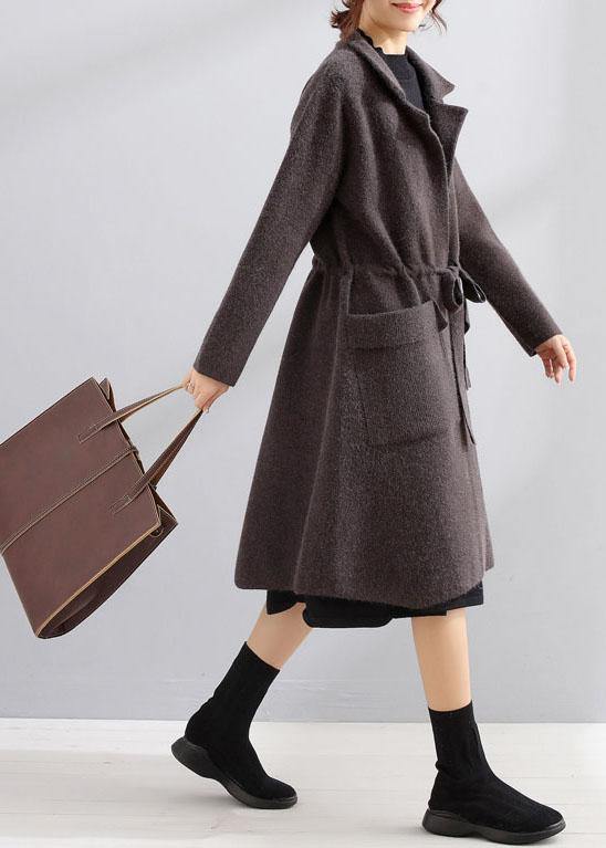 Drune | Plus-Size-Maxi-Mantel dunkelgrau Quadratischer Kragen Bindegürtel Jacken