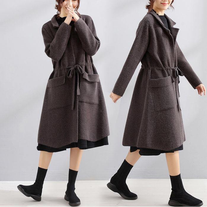 Drune | Plus-Size-Maxi-Mantel dunkelgrau Quadratischer Kragen Bindegürtel Jacken