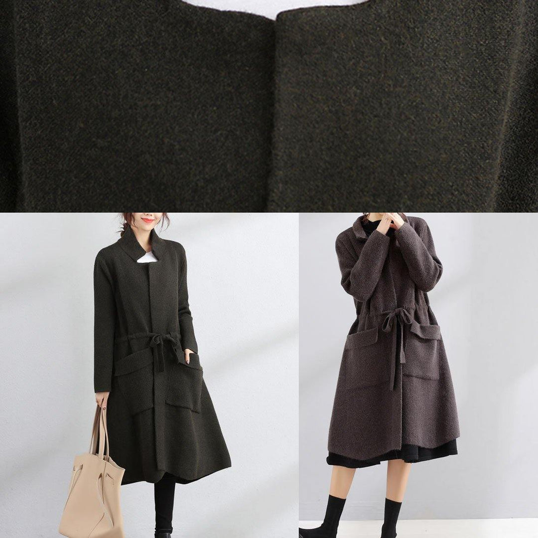 Drune | Plus-Size-Maxi-Mantel dunkelgrau Quadratischer Kragen Bindegürtel Jacken